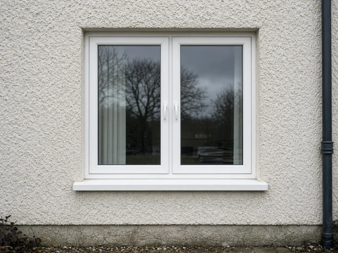 White UPVC casement windows on a harled Scottish house wall