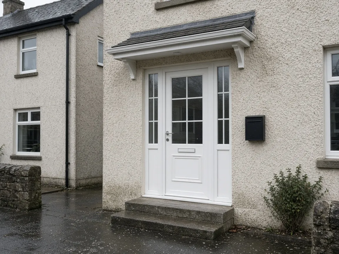 White UPVC front door with glazed panels on a Scottish harled house