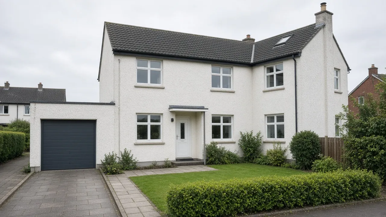 Scottish-style semi-detached home with white UPVC windows under overcast light
