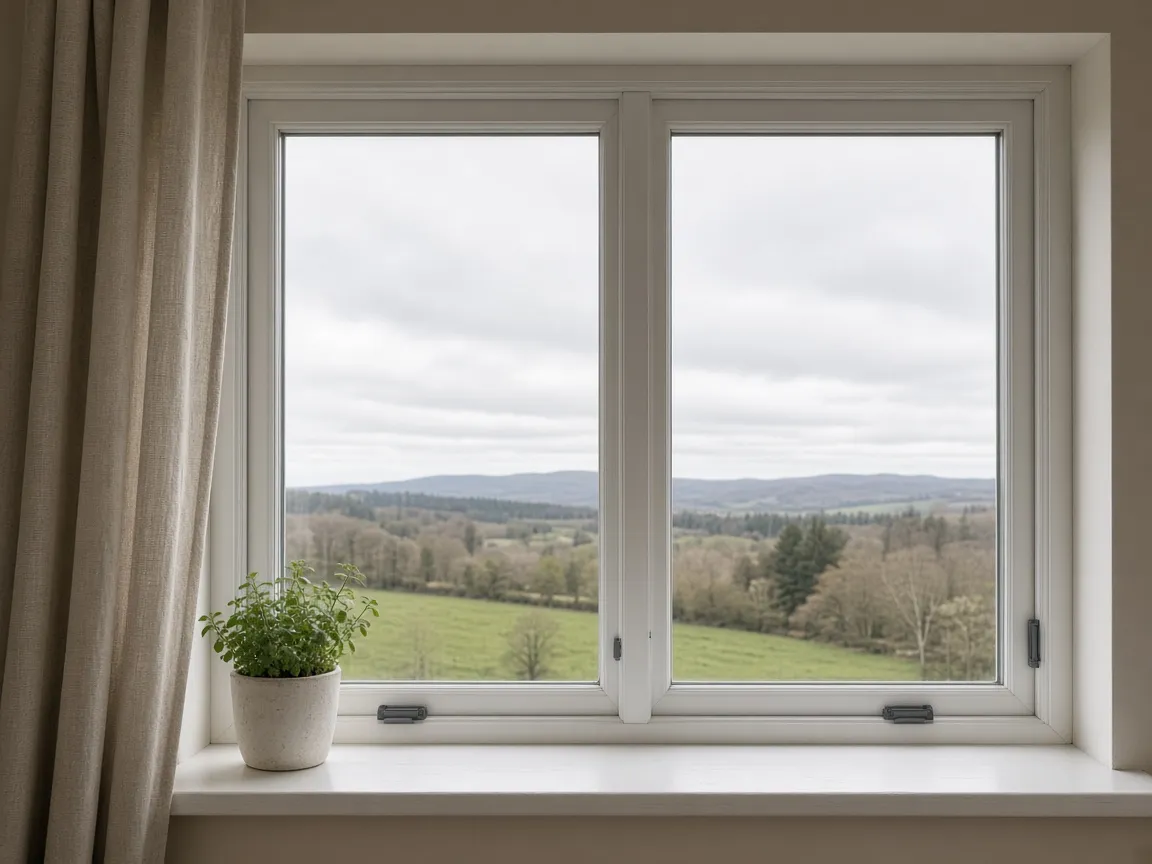 Interior view through a white UPVC window onto a Scottish garden